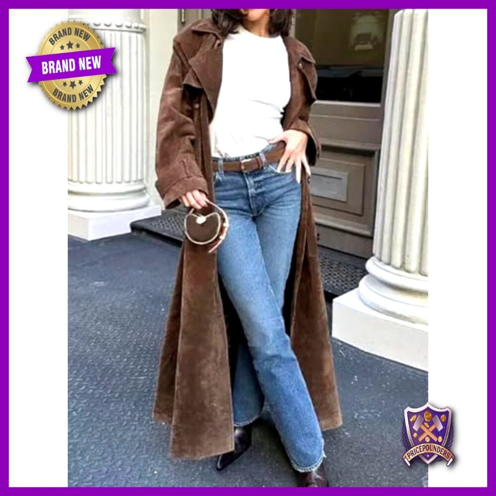 Faux Suede Trench Coat Double Breasted Belted Pea Coat Elegant Classic Chic - Picture 3 of 7